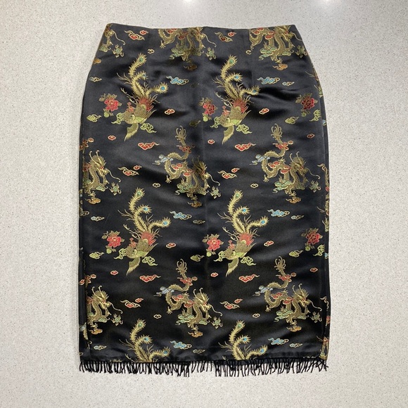 Karen Kane womens skirt size 6 Rayon/Silk floral dragon print Fringe beaded hem - Picture 1 of 12